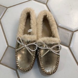 J Crew Metallic gold moccasin slippers (size 8)